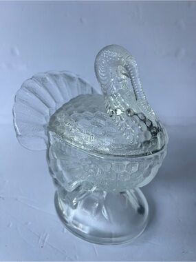 Vintage LE Smith Turkey Glass Dish "Tom Turkey" Shaped Lidded Candy Dish 7”